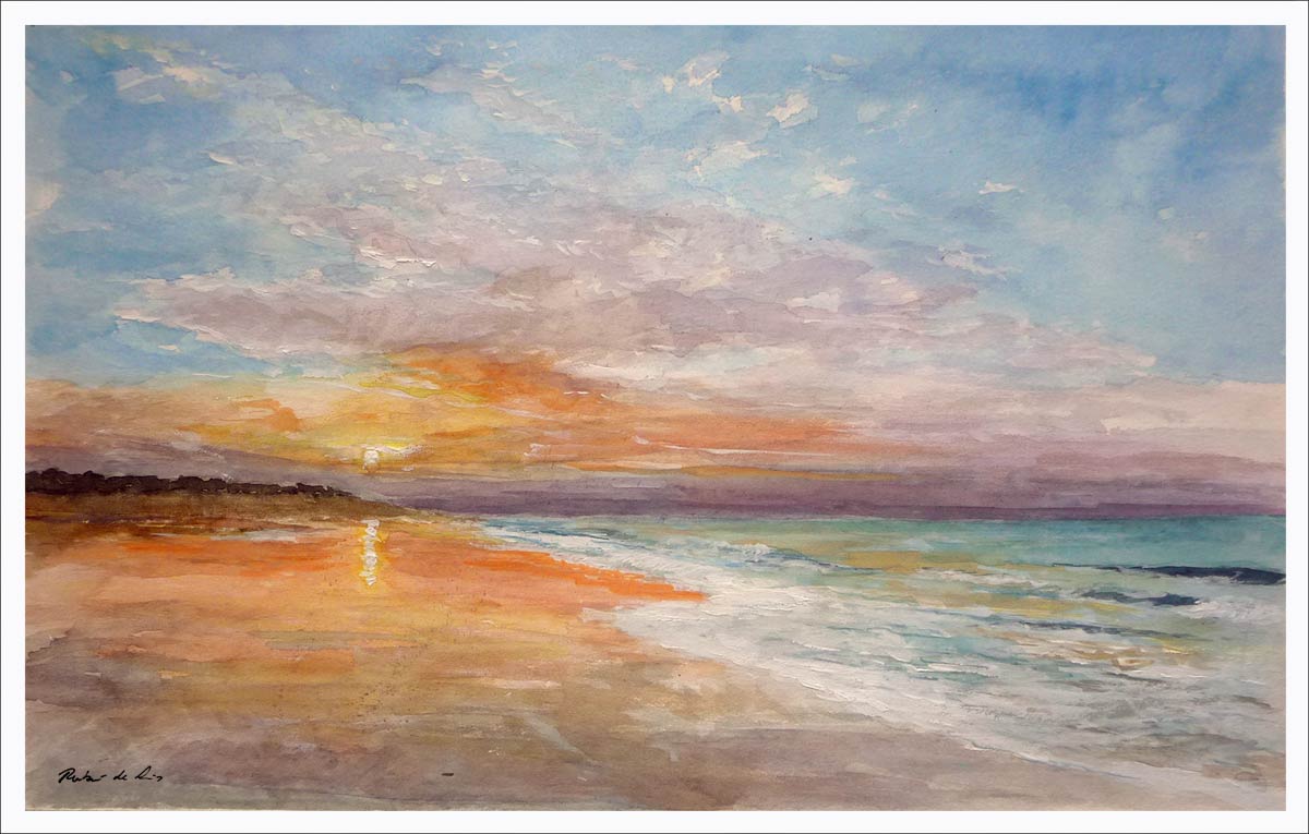 Una acuarela de un atardecer en Zahara de los Atunes en Cádiz.