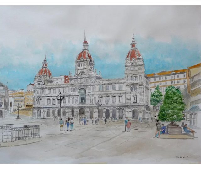 Acuarela de la Plaza de María Pita en La Coruña pintada por Rubén de Luis
