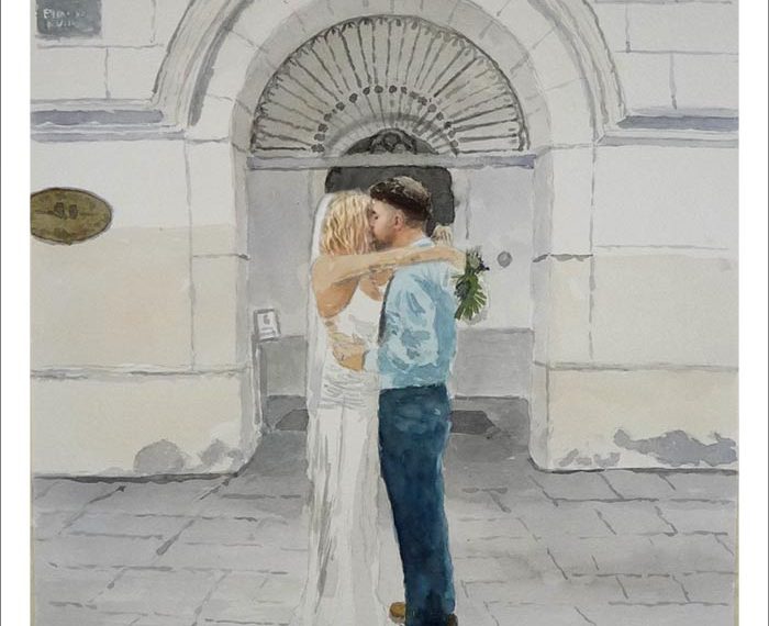 Cuadro de un retrato en acuarela de una pareja de novios