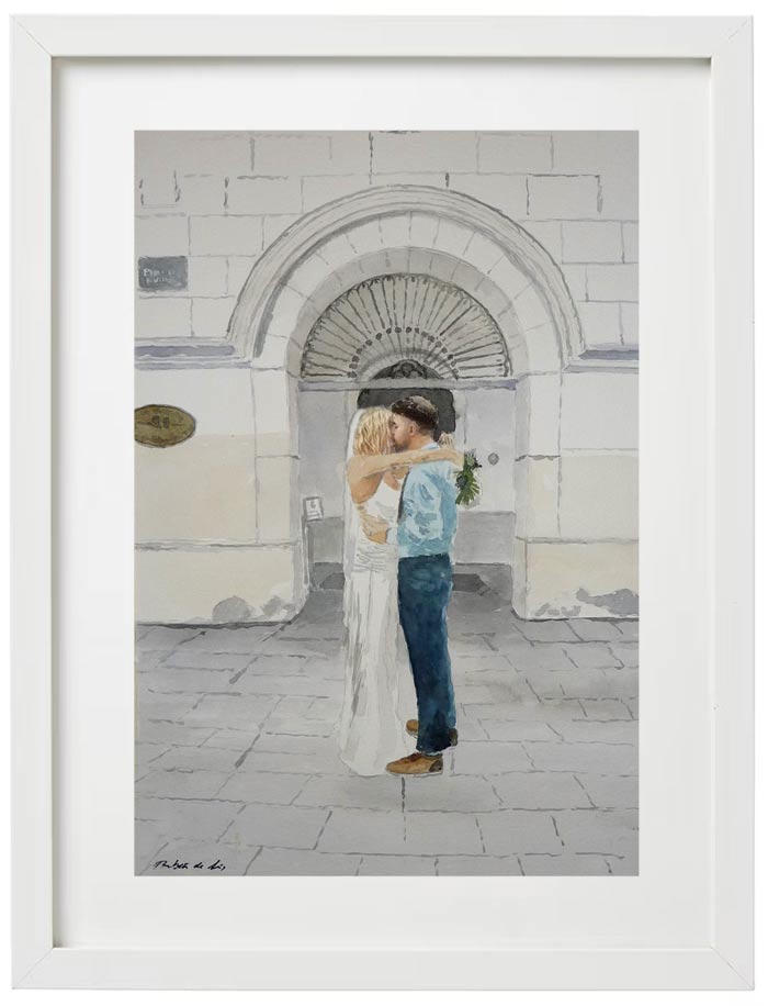 Retrato en acuarela de una pareja de recién casados