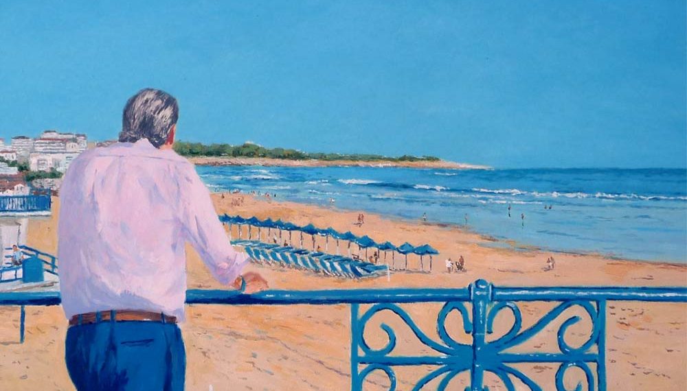 Cuadro al oleo de un retrato frente a la playa del Sardinero en Santander
