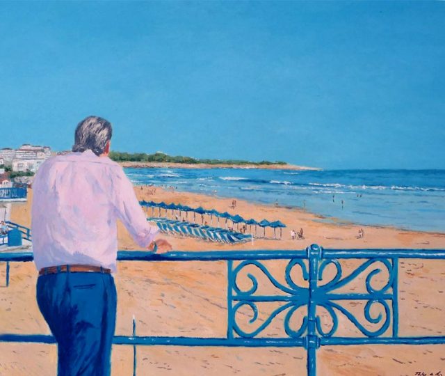 Cuadro al oleo de un retrato frente a la playa del Sardinero en Santander