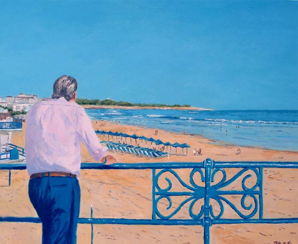 Cuadro al oleo de un retrato frente a la playa del Sardinero en Santander
