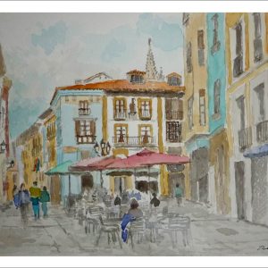 Acuarela de la calle de San Antonio en Oviedo pintada por Rubén de Luis para la serie de cuadros de Asturias.