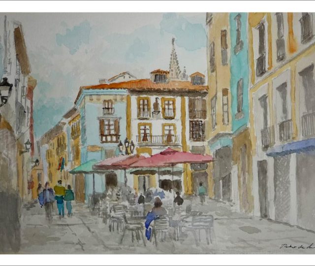 Acuarela de la calle de San Antonio en Oviedo pintada por Rubén de Luis para la serie de cuadros de Asturias.