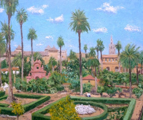 Cuadro al oleo de Sevilla y los jardines del Alcázar