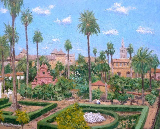 Cuadro al oleo de los jardines del Alcázar de Sevilla