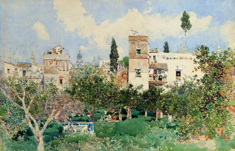 Naranjos en la Huerta del Retiro, Sevilla.Martín Rico Acuarela 