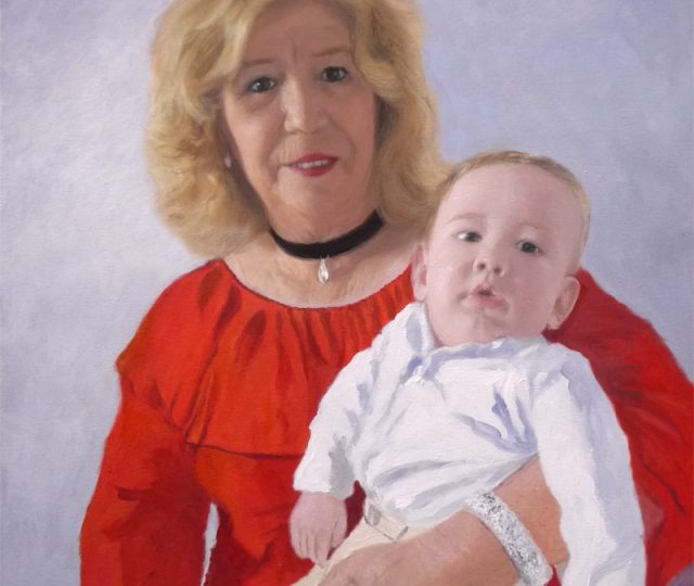 Retrato al oleo de una abuela con su nieto pintado por encargo a partir de una foto por Rubén de Luis.