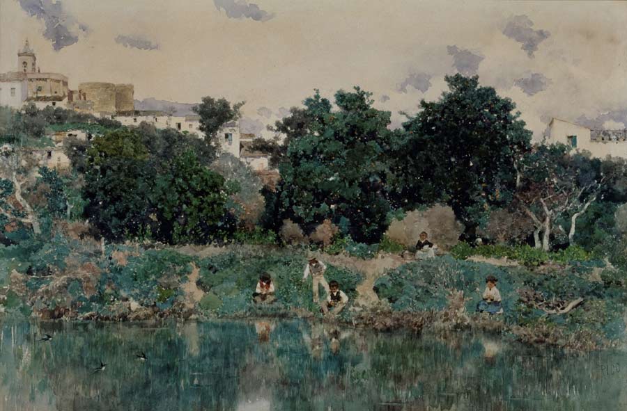 Acuarela de Martín Rico y Ortega. A orilla del río Guadaíra