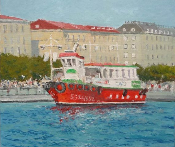 Cuadro al oleo de la lancha en Santander