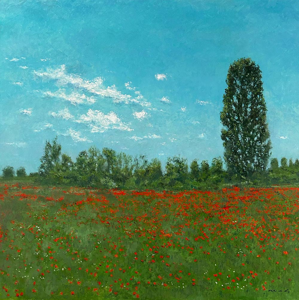 Cuadro de un paisaje de amapolas al oleo de estilo impresionista del pintor Rubén de Luis