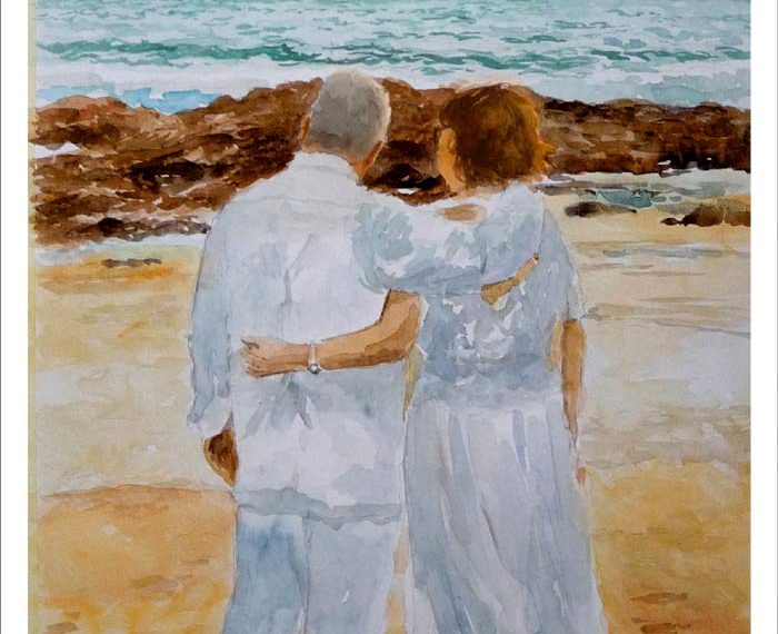 Acuarela de una pareja de abuelos contemplando un atardecer pintada por encargo