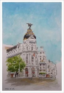 Cuadro en acuarela del edificio Metropolis de Madrid