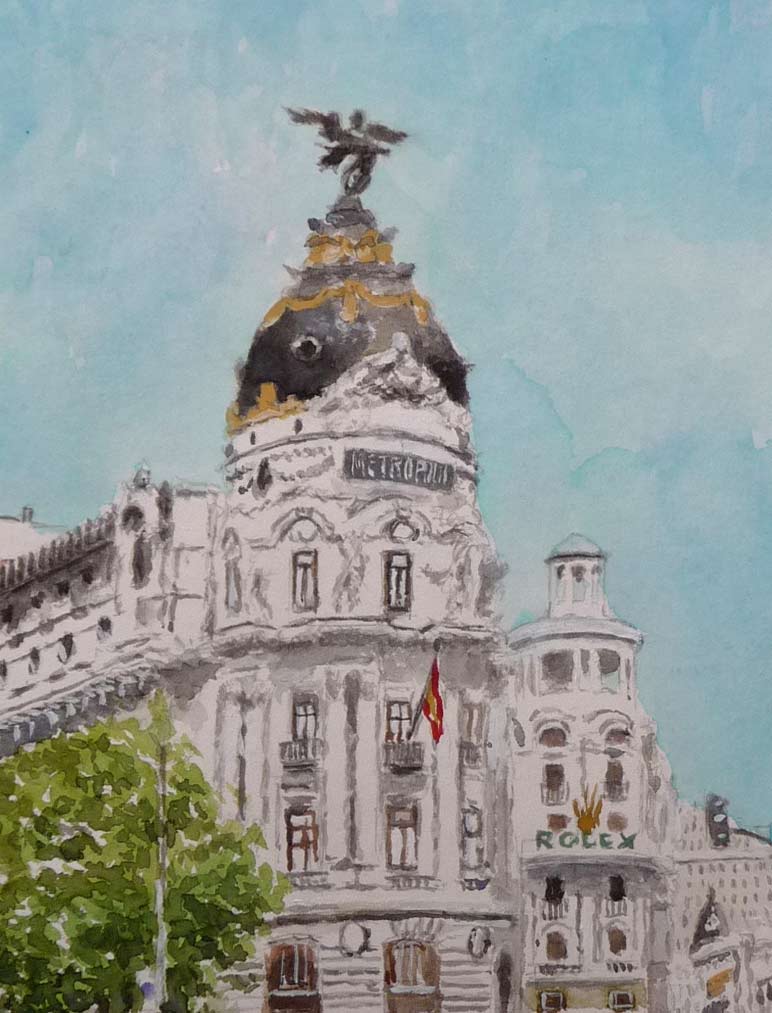 Detalle de la acuarela del edificio Metrópolis