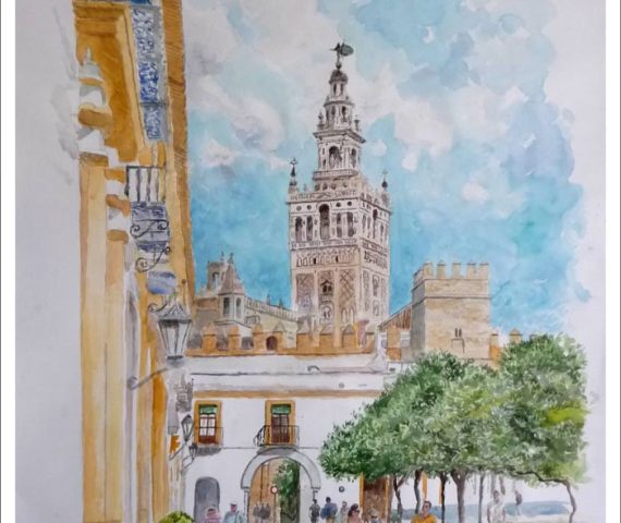 Acuarela del patio de los naranjos en Sevilla