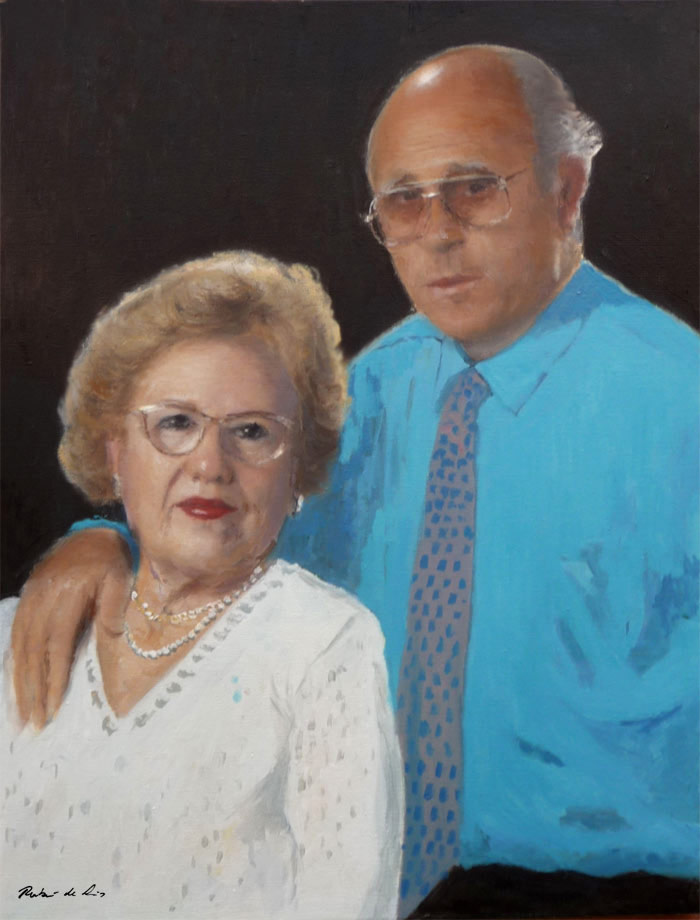 Retrato personalizado de unos señores a partir de una foto. Retrato al oleo de un matrimonio realizado por encargo a partir de una foto