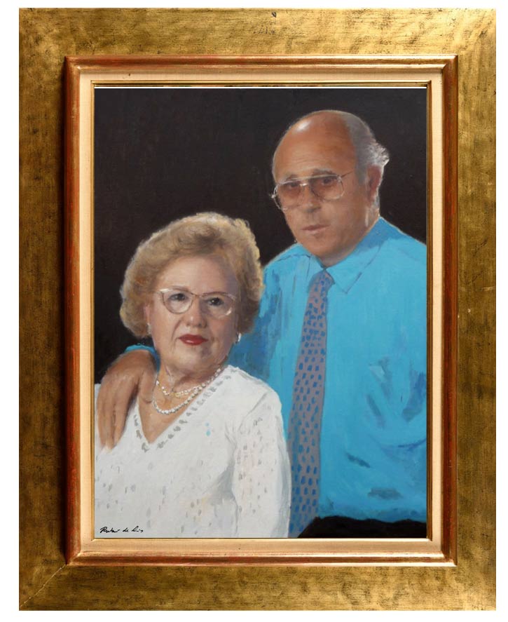 Un retrato al oleo de dos señores pintado por encargo a partir de una foto por el pintor Rubén de Luis Retrato al oleo de una pareja de abuelos