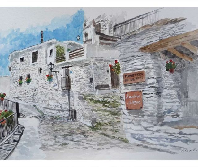 Acuarela de una calle de Trevélez en la Alpujarra de Granada pintada por Rubén de Luis