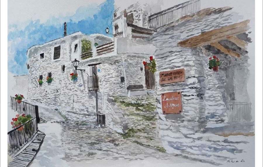 Acuarela de una calle de Trevélez en la Alpujarra de Granada pintada por Rubén de Luis