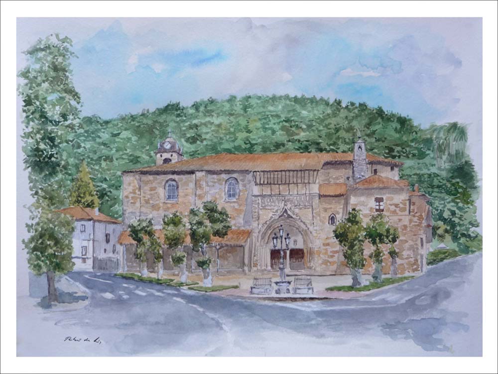 Acuarela de Santa María de Güeñes, Vizcaya, pintada por Rubén de Luis