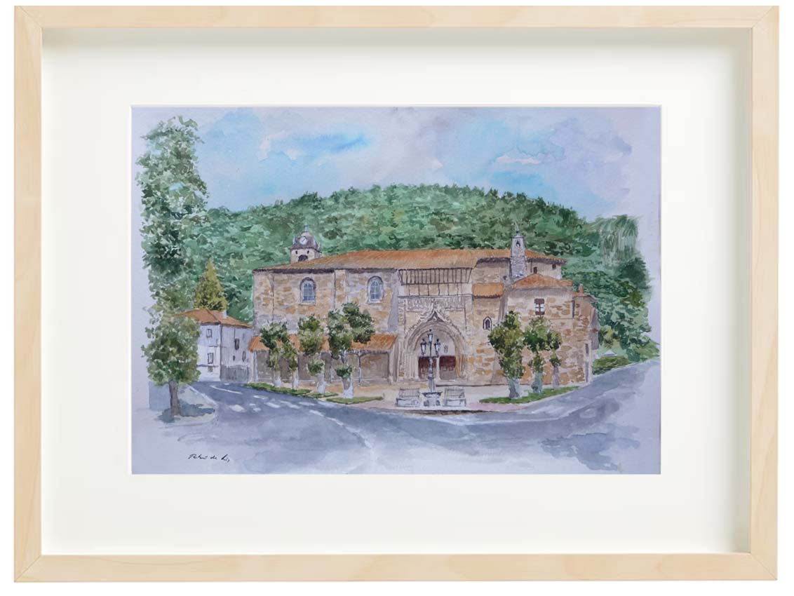 Cuadro en acuarela de la iglesia de Santa María de Güeñes, Vizcaya.