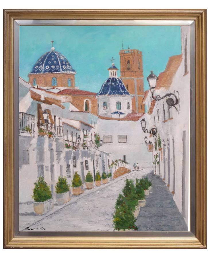 Paisaje al oleo de Altea, Alicante pintado por Rubén de Luis Cuadro al oleo de un calle de Altea pintado por el artista Rubén de Luis