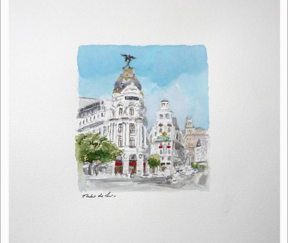 Acuarela de la Gran Vía de Madrid y el edificio Metrópolis