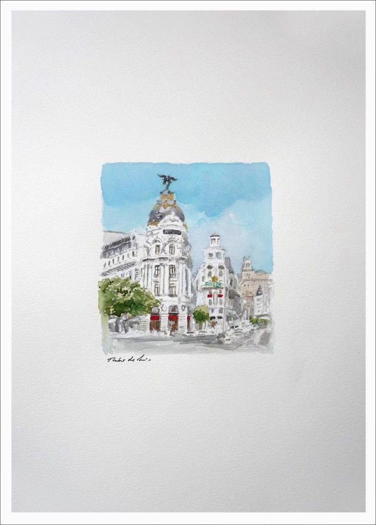 Acuarela de la Gran Vía de Madrid y el edificio Metrópolis