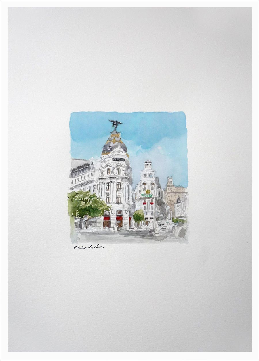 Acuarela de la Gran Vía de Madrid y el edificio Metrópolis