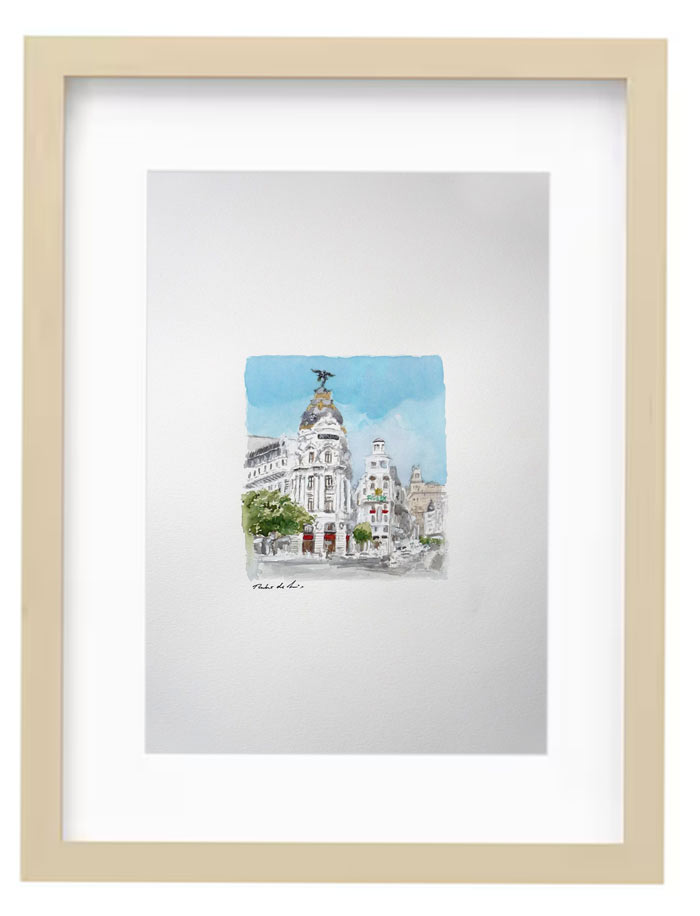 Cuadro en acuarela de la Gran Vía de Madrid y el edificio Metrópolis