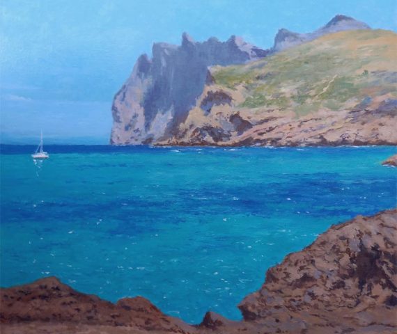 Cuadro al oleo de un paisaje del Cabo Formentor desde la Cala Sant Vicenç en Mallorca pintado por Rubén de Luis