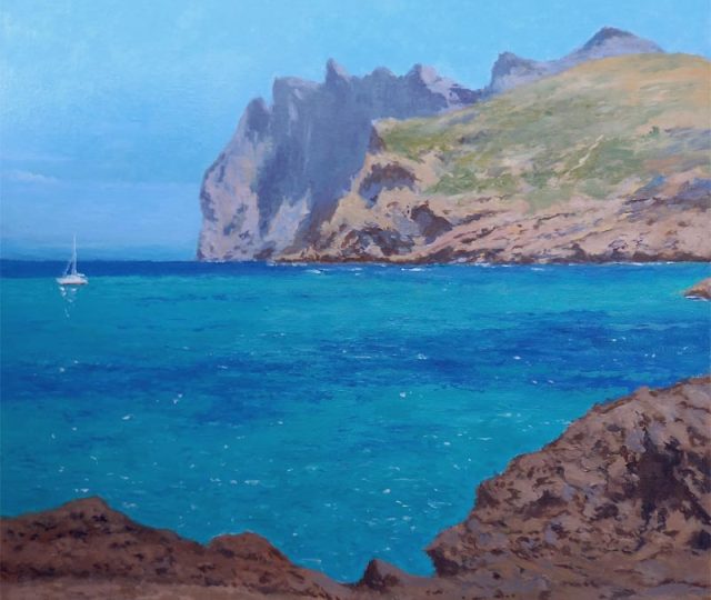 Cuadro al oleo de un paisaje del Cabo Formentor desde la Cala Sant Vicenç en Mallorca pintado por Rubén de Luis