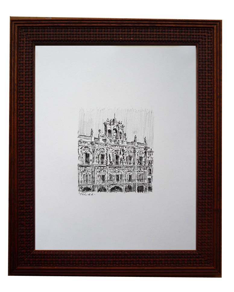Cuadro de un dibujo de la plaza Mayor de Salamanca realizado a tinta por Rubén de Luis