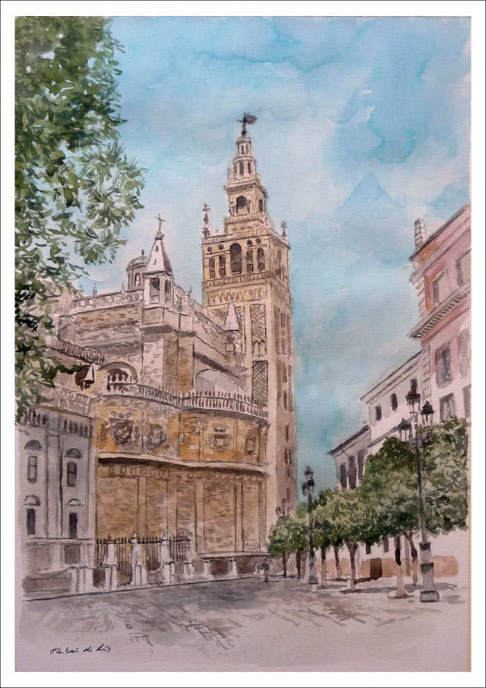 Acuarela de la Giralda en Sevilla realizada por Rubén de Luis