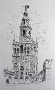 Dibujo a plumilla de la Giralda de Sevilla.