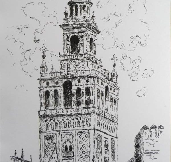 Dibujo a plumilla de la Giralda de Sevilla del pintor Rubén de Luis
