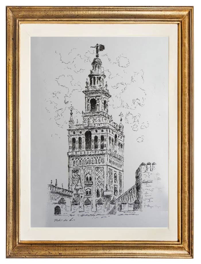 Cuadro de un dibujo a plumilla de la Giralda de Sevilla del artista Rubén de Luis
