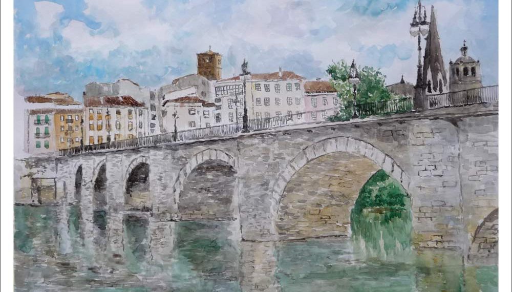 Acuarela de un paisaje de Logroño y el puente de Piedra