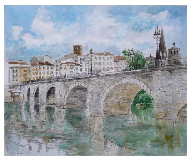 Acuarela de un paisaje de Logroño y el puente de Piedra