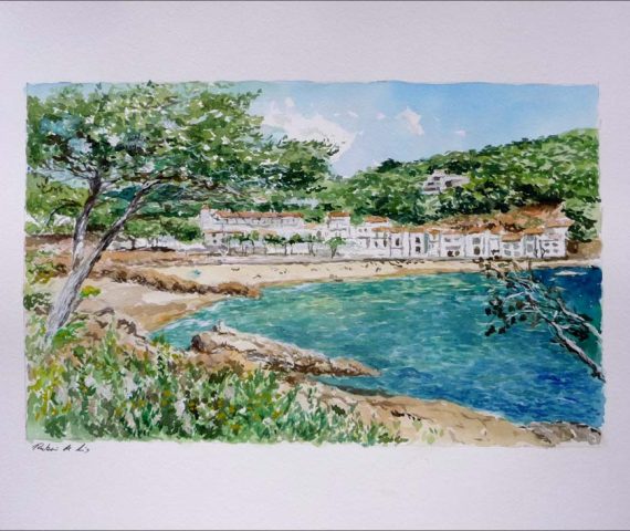 Acuarela de un paisaje de Tamariu en Girona pintado por Rubén de Luis