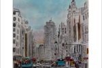 Acuarela de la Gran Vía de Madrid al anochecer