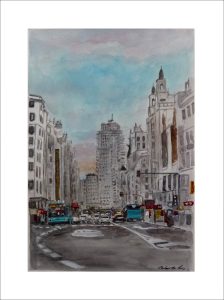 Acuarela de Gran Vía al anochecer