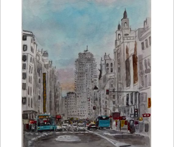 Acuarela de la Gran Vía de Madrid al anochecer