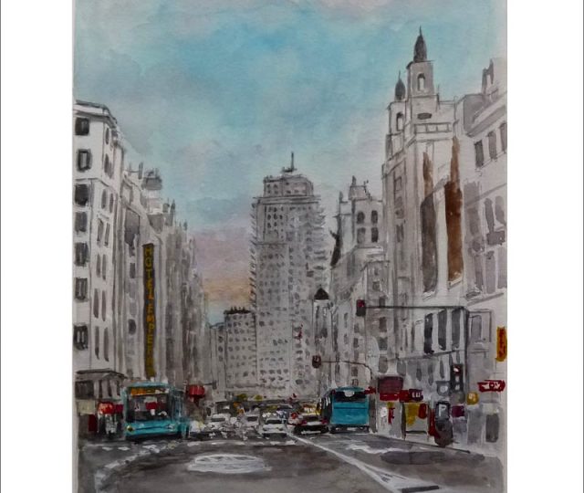 Acuarela de la Gran Vía de Madrid al anochecer