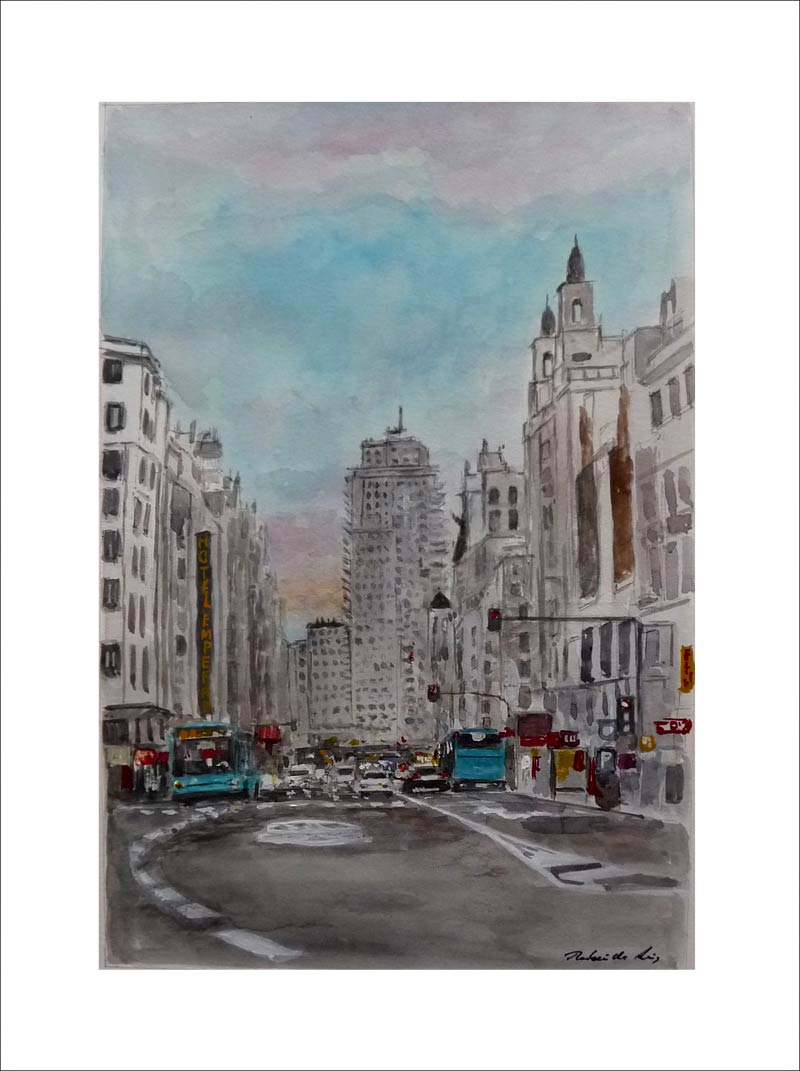 Acuarela de la Gran Vía de Madrid al anochecer