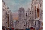 Acuarela de la Gran Vía de Madrid al anochecer