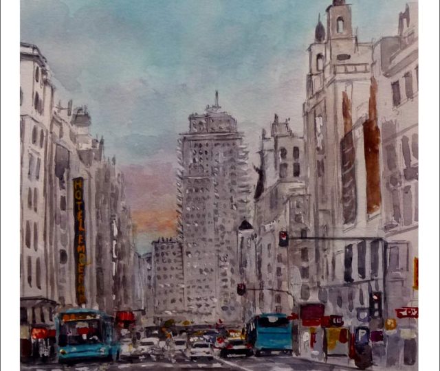 Acuarela de la Gran Vía de Madrid al anochecer