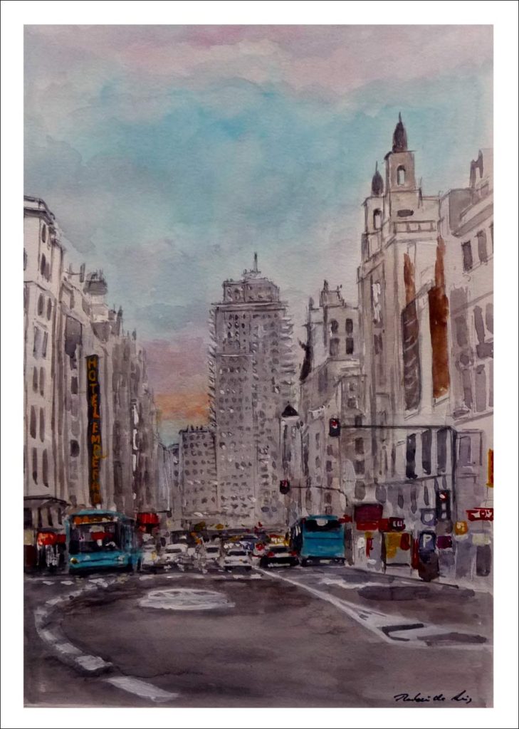 Acuarela de la Gran Vía de Madrid al anochecer