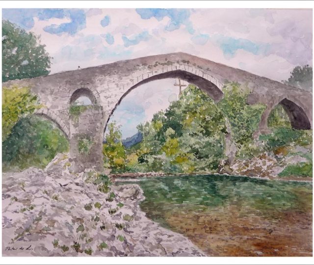 Acuarela del puente romano de Cangas de Onís, Asturias.